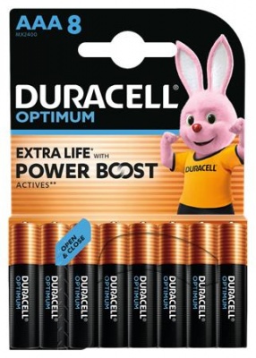Batéria, AAA mikrotužková, 8 ks, bez plastu, DURACELL „Optimum“