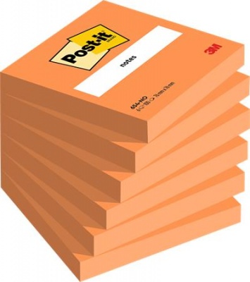 Samolepiaci poznámkový blok, 76x76 mm, 6x100 listov, 3M POST-IT, oranžová