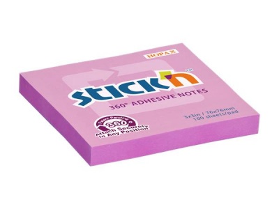 Samolepiaci poznámkový blok, 76x76 mm, 100 listov, STICK N „360°, ružová