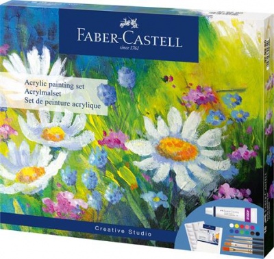 Akrylové farby, sada, s maliarskym plátnom, v tubusoch, FABER-CASTELL "Creative Studio", 12 rôznych farieb