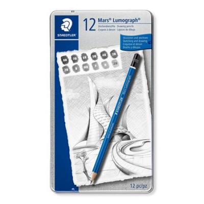 Grafitová ceruzka, sada, plechová krabička, šesťhranná, STAEDTLER "Mars Lumograph 100", 12 rôznych tvrdostí